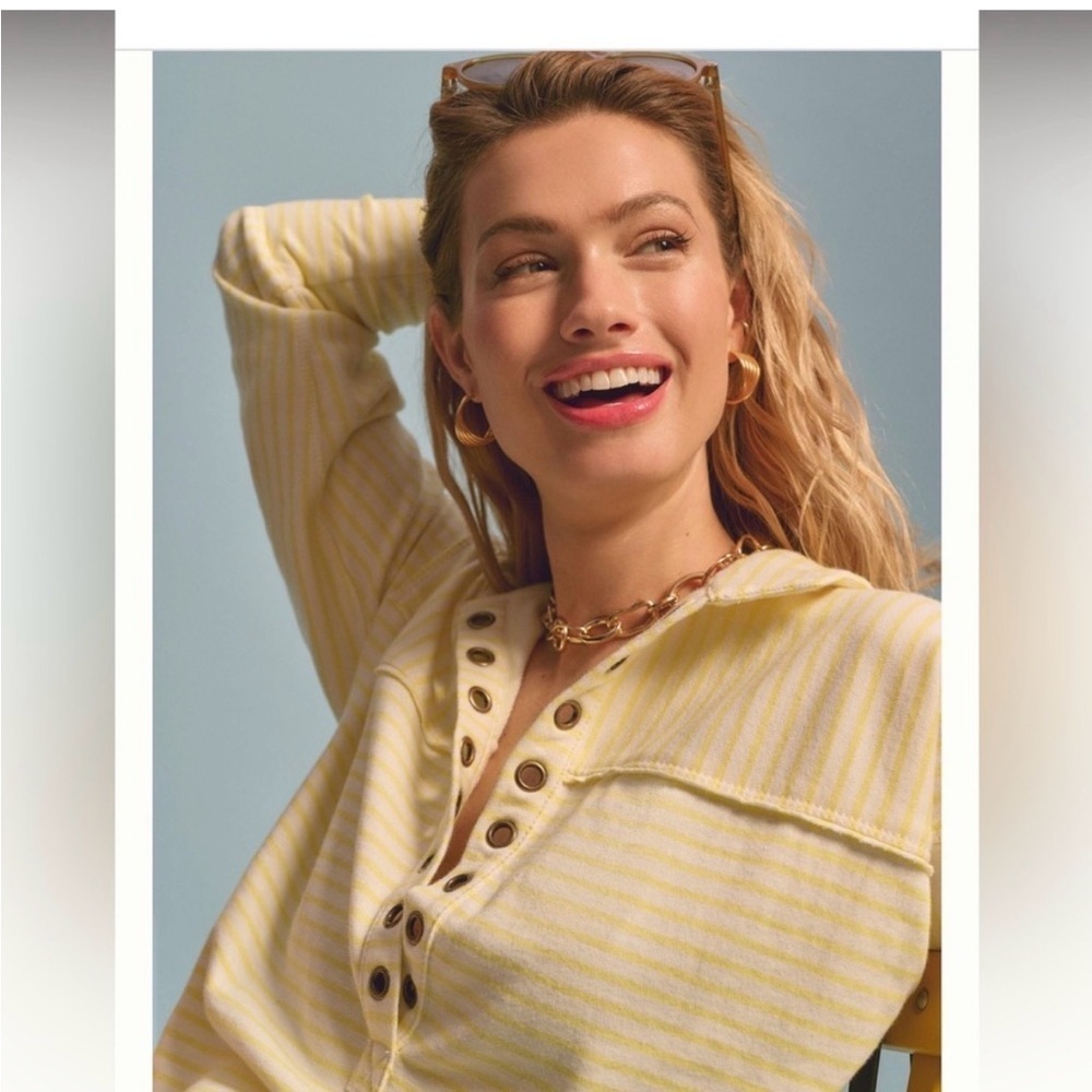 Pilcro Spiced Henley Sweatshirt, Anthropologie, size M Yellow & White - Picture 4 of 14